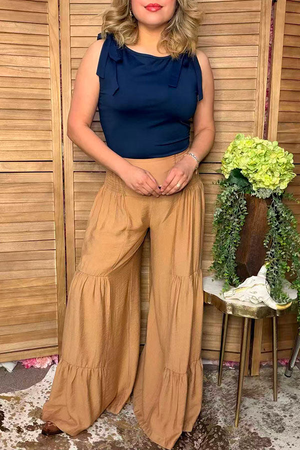Chic solid color tan tiered wide leg women's boutique pant Southern Stitch XCH17419