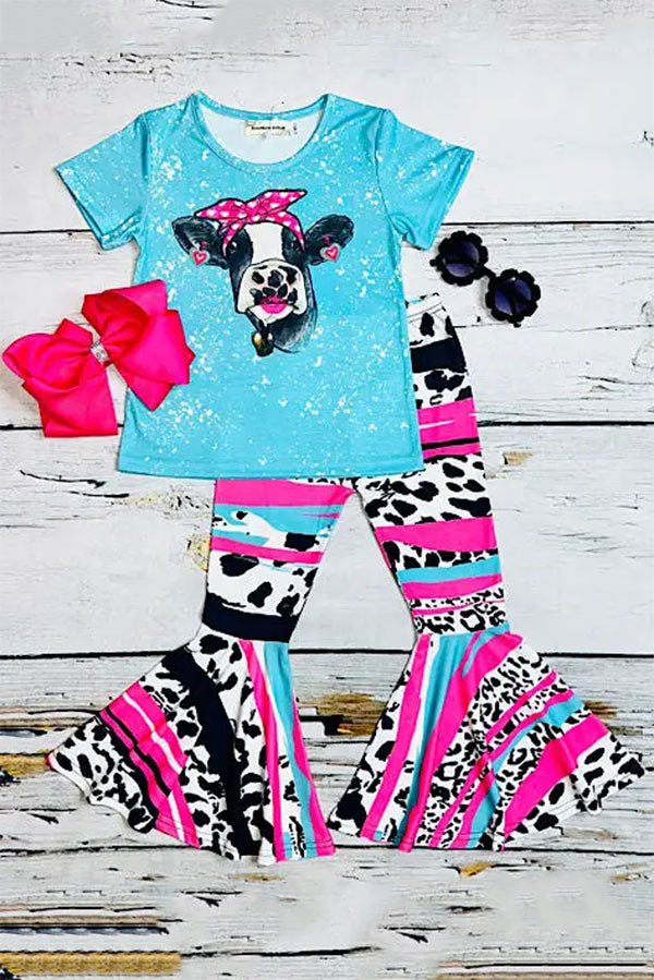 Western ranch turquoise short sleeve top & cow print pant girl's boutique set XCH0777-8H