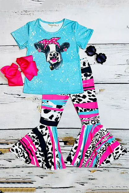 Western ranch turquoise short sleeve top & cow print pant girl's boutique set XCH0777-8H