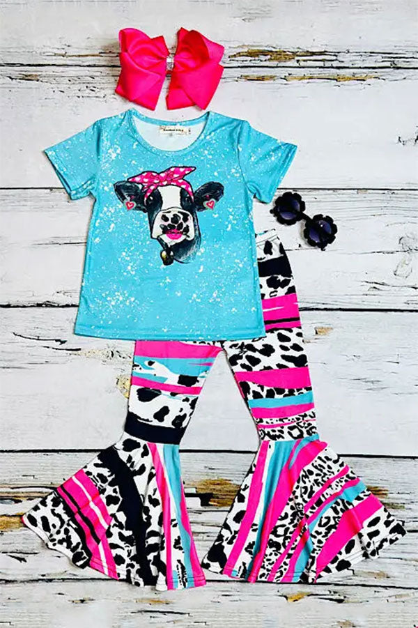 Western ranch turquoise short sleeve top & cow print pant girl's boutique set XCH0777-8H