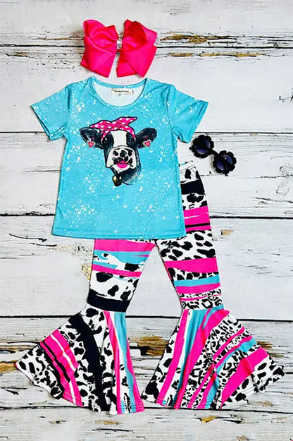 Western ranch turquoise short sleeve top & cow print pant girl's boutique set XCH0777-8H