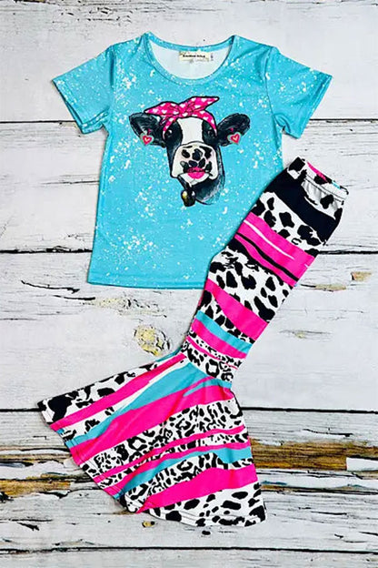Western ranch turquoise short sleeve top & cow print pant girl's boutique set XCH0777-8H