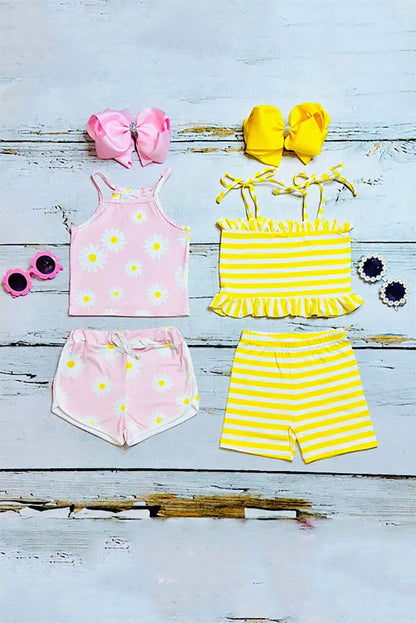 Mix & Match Pink floral & Yellow stripe girl's boutique set (2 sets bundle) DLH2409