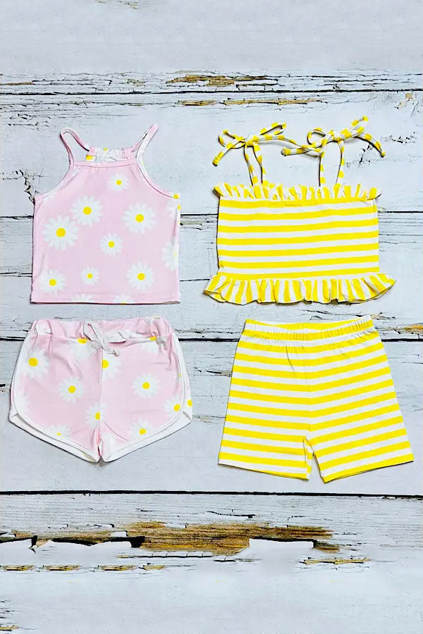 Mix & Match Pink floral & Yellow stripe girl's boutique set (2 sets bundle) DLH2409