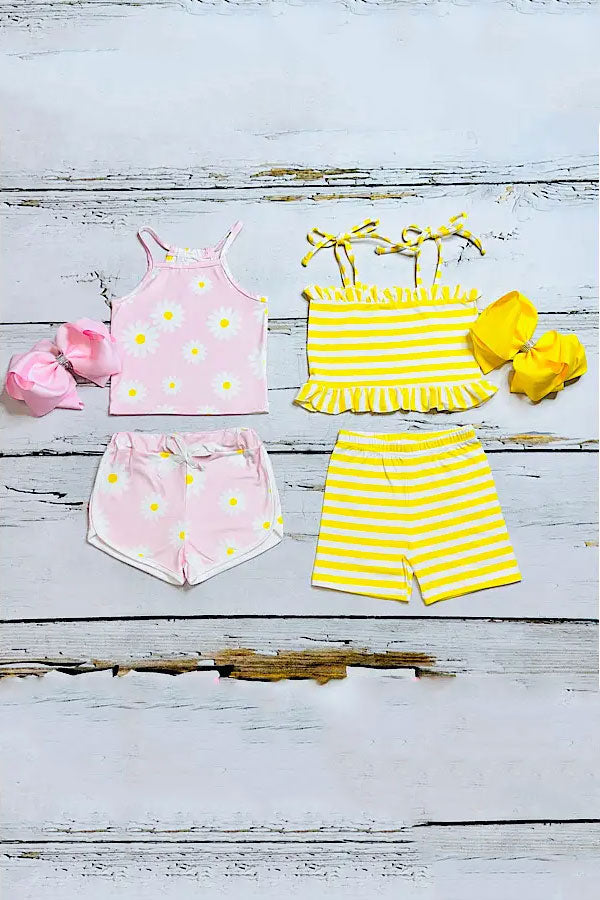 Mix & Match Pink floral & Yellow stripe girl's boutique set (2 sets bundle) DLH2409