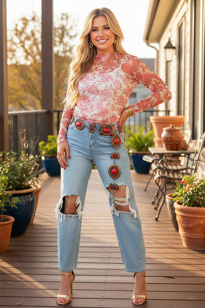 Western pink rose sheer lace women's boutique top Southern Stitch XCH17439