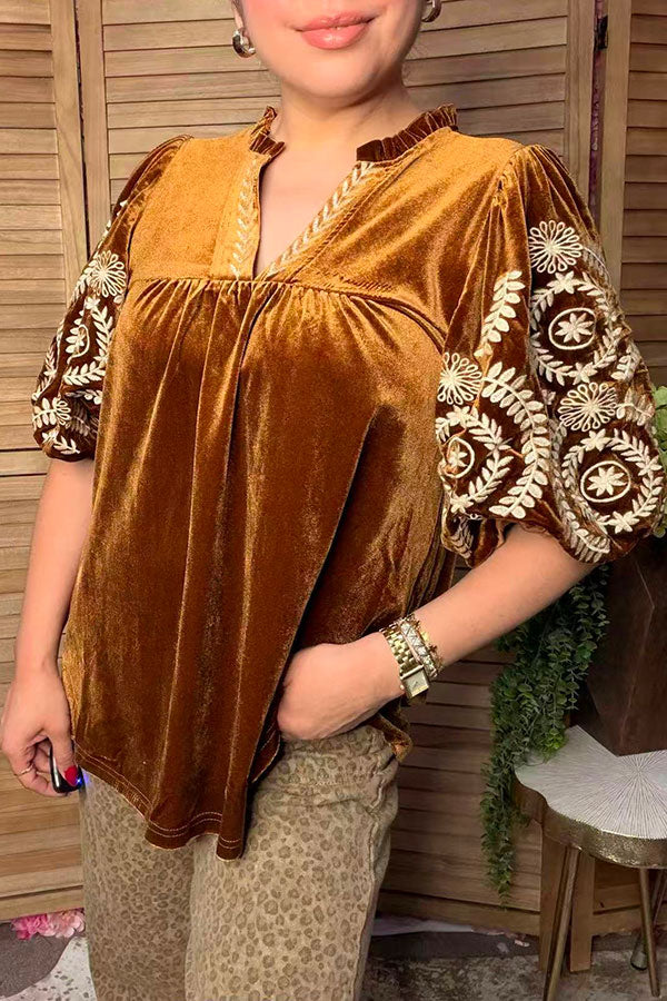 Chic cream floral embroidery brown velvet women's boutique top Southern Stitch XCH17451