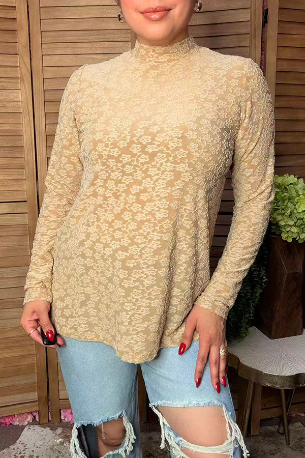 Trendy floral pattern beige lace women's boutique top Southern Stitch GJQ17464