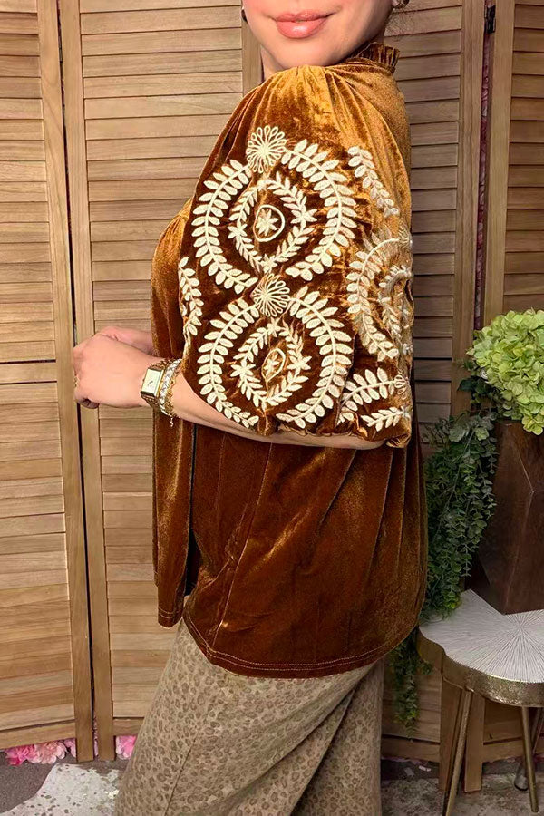 Chic cream floral embroidery brown velvet women's boutique top Southern Stitch XCH17451