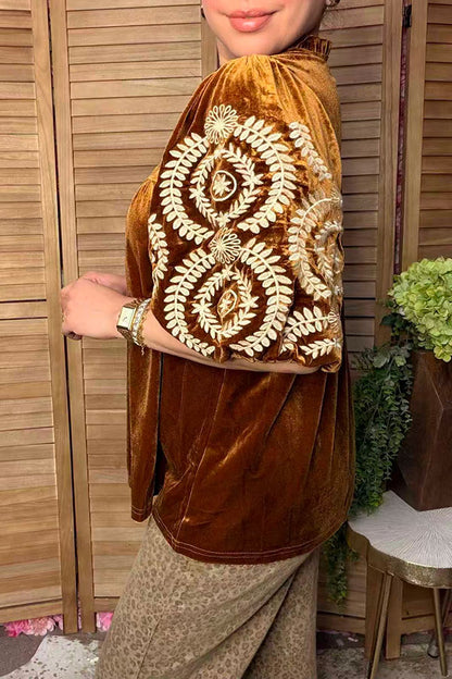 Chic cream floral embroidery brown velvet women's boutique top Southern Stitch XCH17451