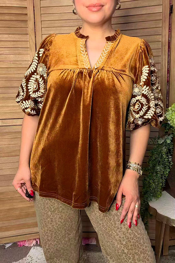 Chic cream floral embroidery brown velvet women's boutique top Southern Stitch XCH17451