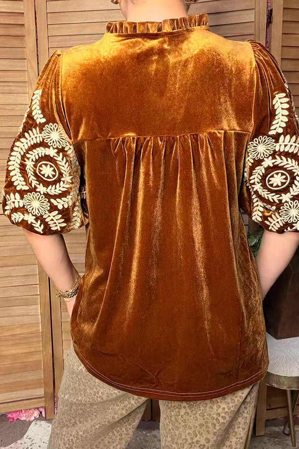 Chic cream floral embroidery brown velvet women's boutique top Southern Stitch XCH17451