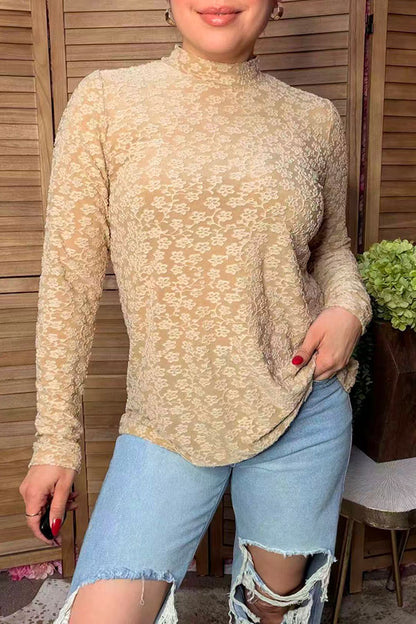 Trendy floral pattern beige lace women's boutique top Southern Stitch GJQ17464