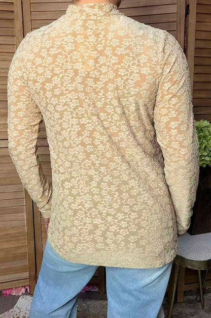 Trendy floral pattern beige lace women's boutique top Southern Stitch GJQ17464
