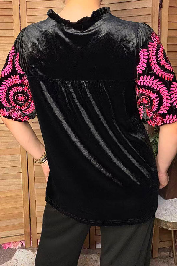 Chic pink floral embroidery black velvet women's boutique top Southern Stitch XCH17313