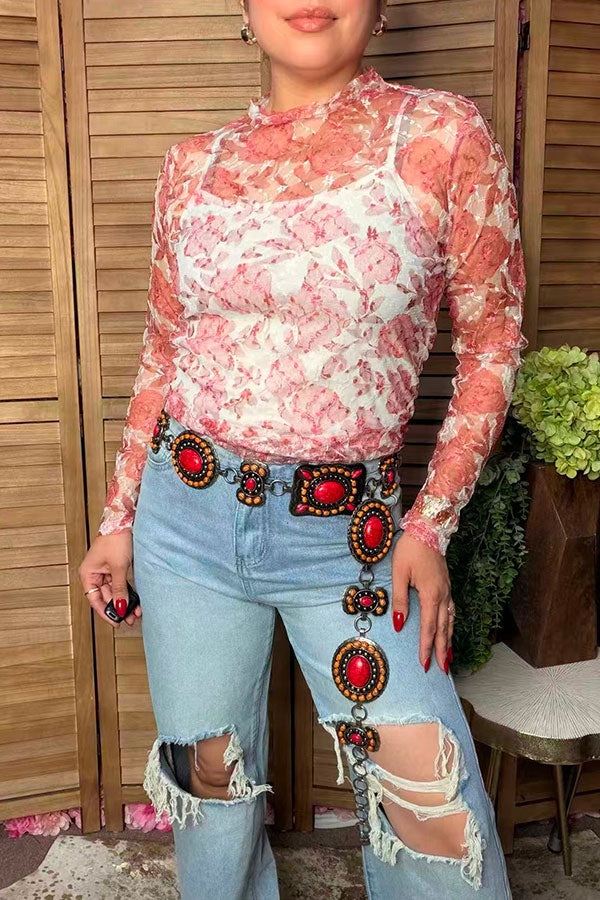 Western pink rose sheer lace women's boutique top Southern Stitch XCH17439