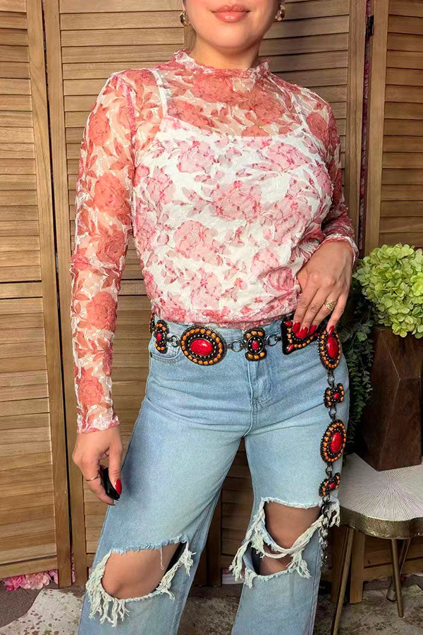 Western pink rose sheer lace women's boutique top Southern Stitch XCH17439