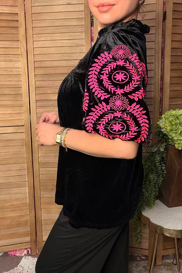 Chic pink floral embroidery black velvet women's boutique top Southern Stitch XCH17313