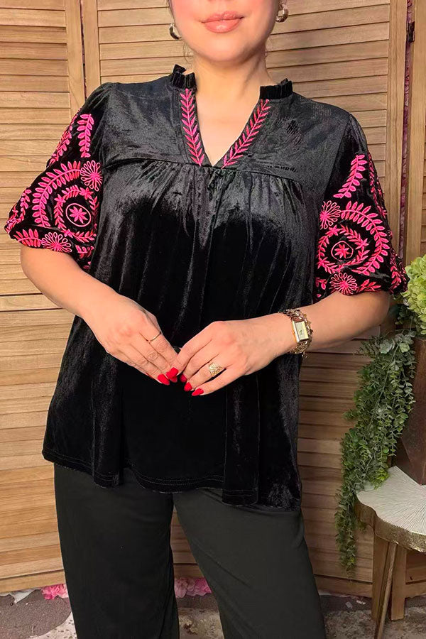 Chic pink floral embroidery black velvet women's boutique top Southern Stitch XCH17313