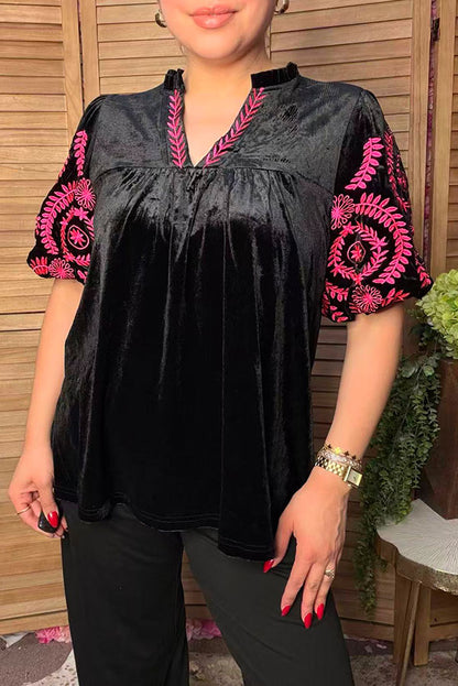 Chic pink floral embroidery black velvet women's boutique top Southern Stitch XCH17313