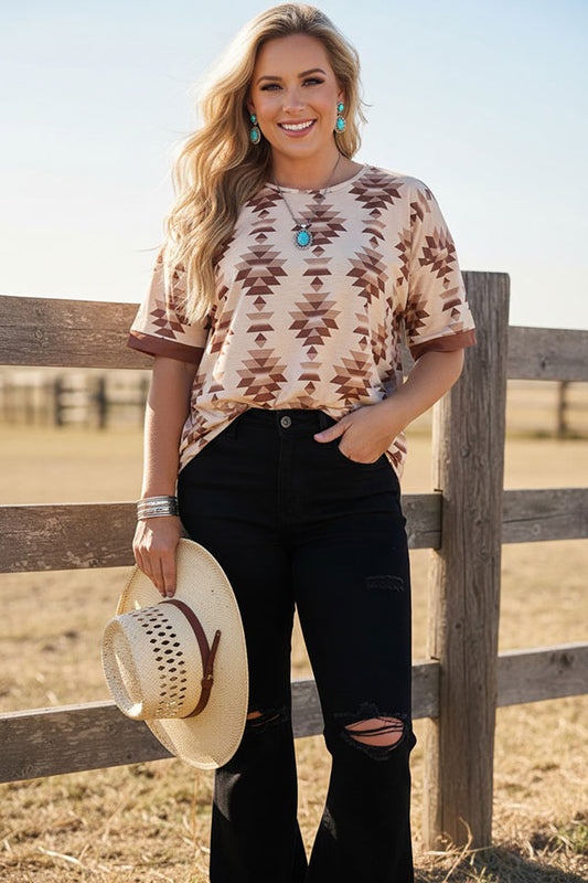 Western tan aztec print drop-shoulder women's boutique top Southern Stitch GJQ17279