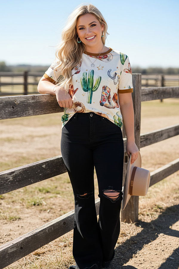 Western boots & hat & cactus print short sleeve women's boutique top DLH17405