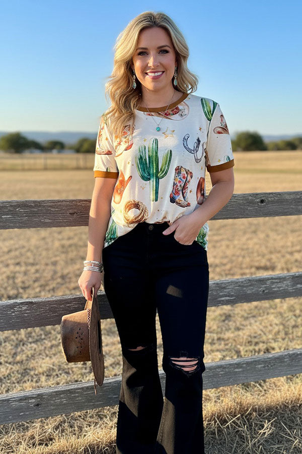 Western boots & hat & cactus print short sleeve women's boutique top DLH17405