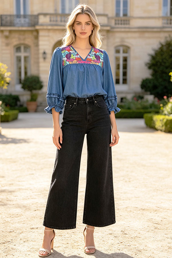 Western floral emboridery soft denim women's boutique top Southern Stitch XCH17473
