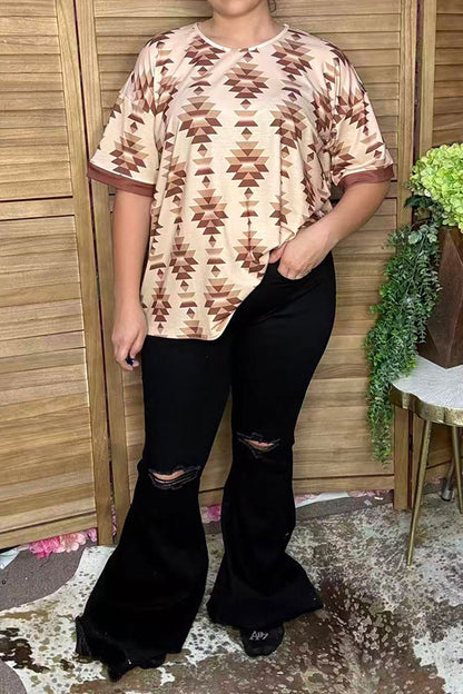 Western tan aztec print drop-shoulder women's boutique top Southern Stitch GJQ17279