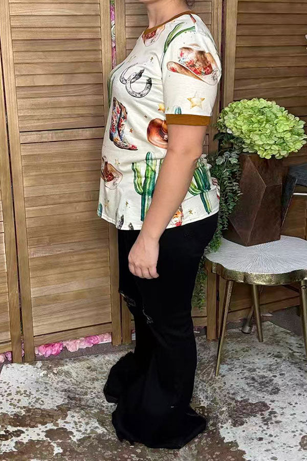 Western boots & hat & cactus print short sleeve women's boutique top DLH17405