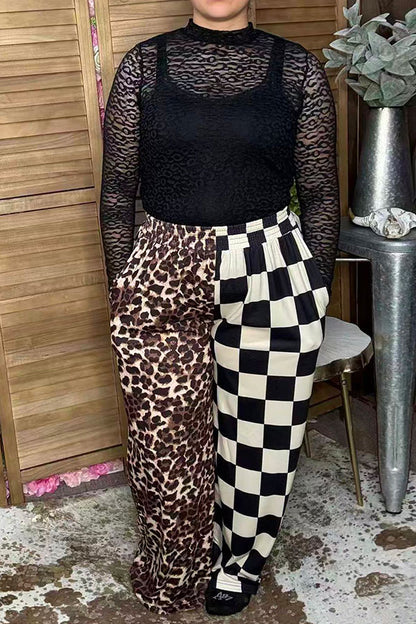 Western half leopard & chckered wide leg women's boutique pant Southern Stitch XCH17356