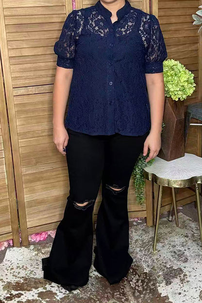 Trendy navy blue lace short sleeve women's boutique top Southern Stitch XCH17382