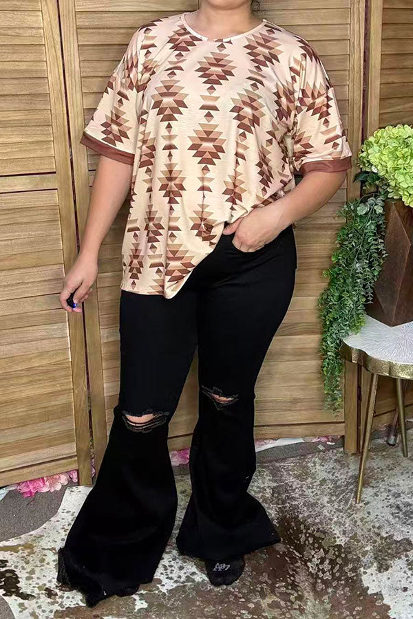 Western tan aztec print drop-shoulder women's boutique top Southern Stitch GJQ17279