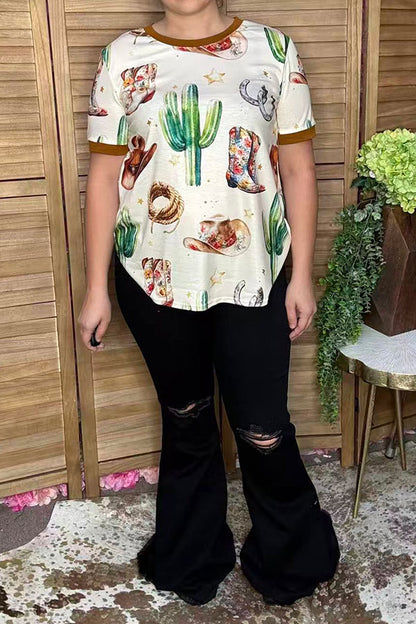 Western boots & hat & cactus print short sleeve women's boutique top DLH17405