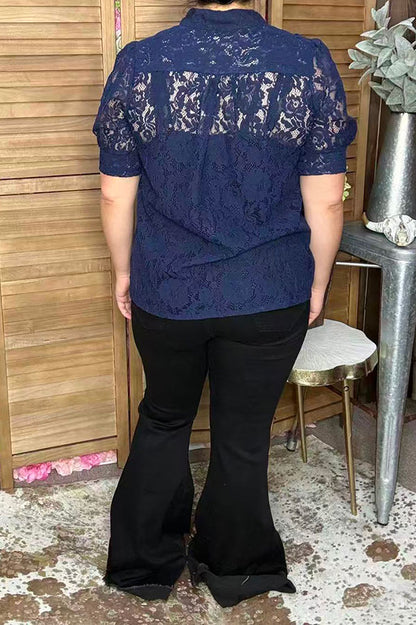 Trendy navy blue lace short sleeve women's boutique top Southern Stitch XCH17382
