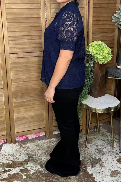 Trendy navy blue lace short sleeve women's boutique top Southern Stitch XCH17382