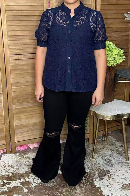 Trendy navy blue lace short sleeve women's boutique top Southern Stitch XCH17382