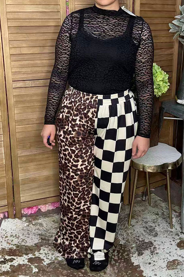 Western half leopard & chckered wide leg women's boutique pant Southern Stitch XCH17356