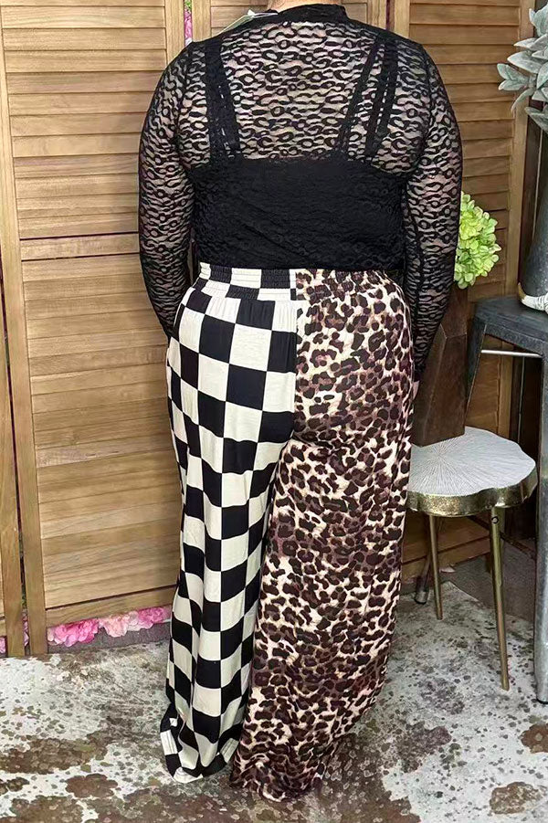 Western half leopard & chckered wide leg women's boutique pant Southern Stitch XCH17356