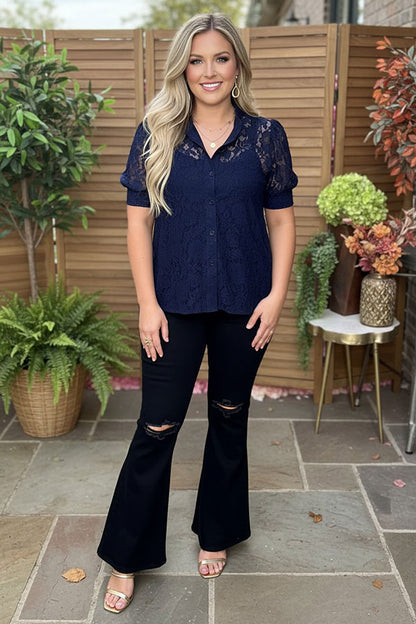 Trendy navy blue lace short sleeve women's boutique top Southern Stitch XCH17382