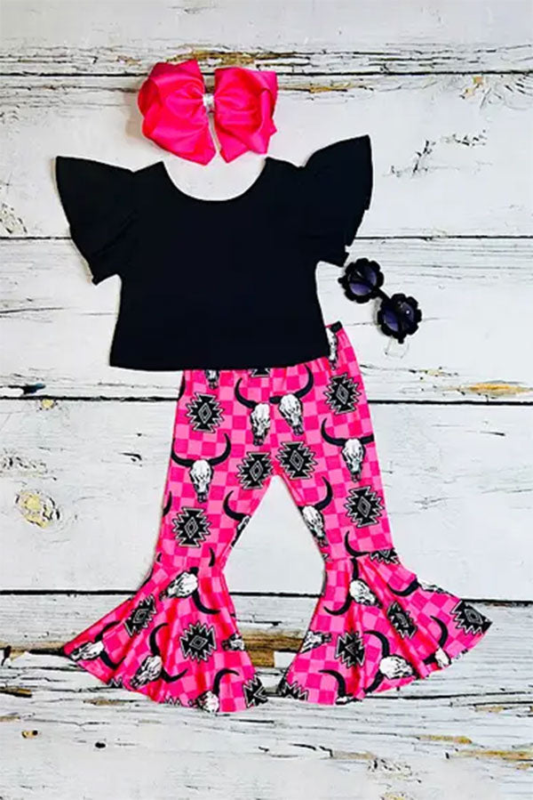 Western black top & bull skull pant girls boutique set XCH0777-18H