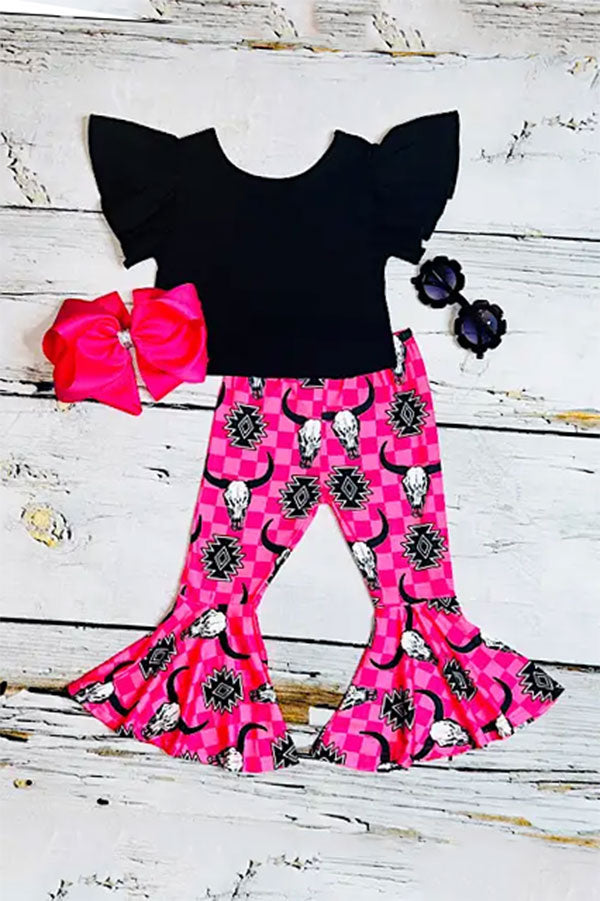 Western black top & bull skull pant girls boutique set XCH0777-18H