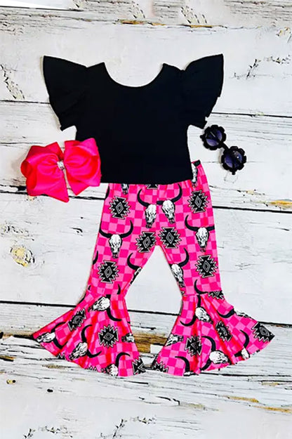 Western black top & bull skull pant girls boutique set XCH0777-18H