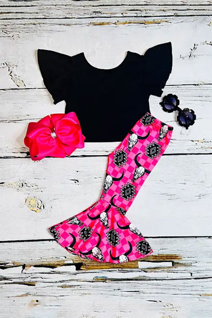 Western black top & bull skull pant girls boutique set XCH0777-18H