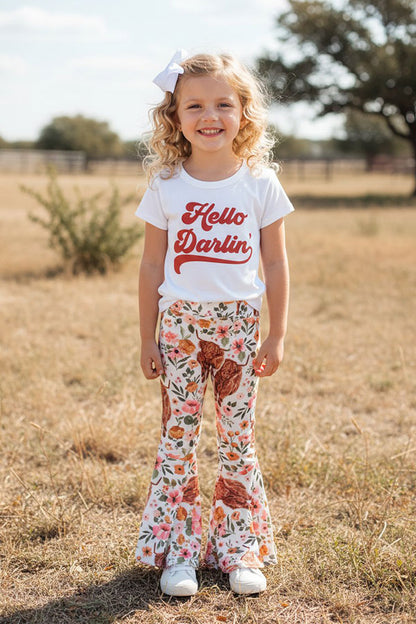 Western "HELLO DARLIN" bulls & floral print girls boutique set XCH0333-20H