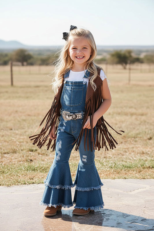 Western adjustable washed blue denim double ruffle girls boutique jeans 250932M