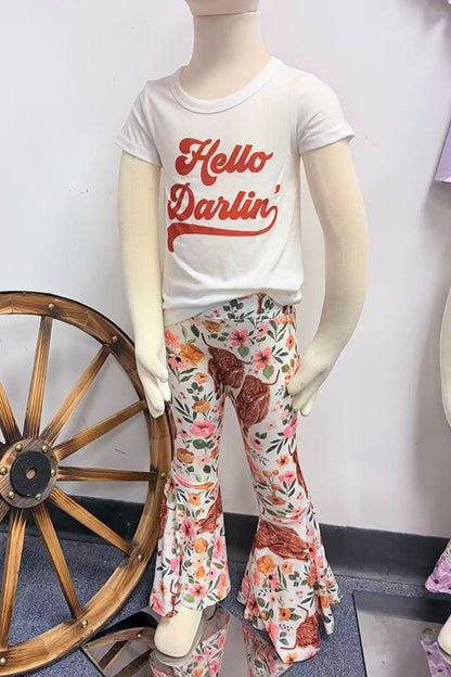 Western "HELLO DARLIN" bulls & floral print girls boutique set XCH0333-20H