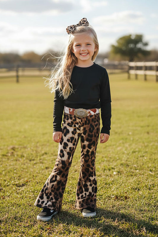 Western black top leopard bell bottom pant girls boutique set BQ2416