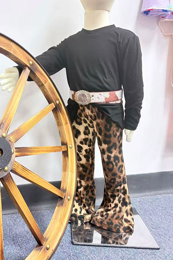 Western black top leopard bell bottom pant girls boutique set BQ2416