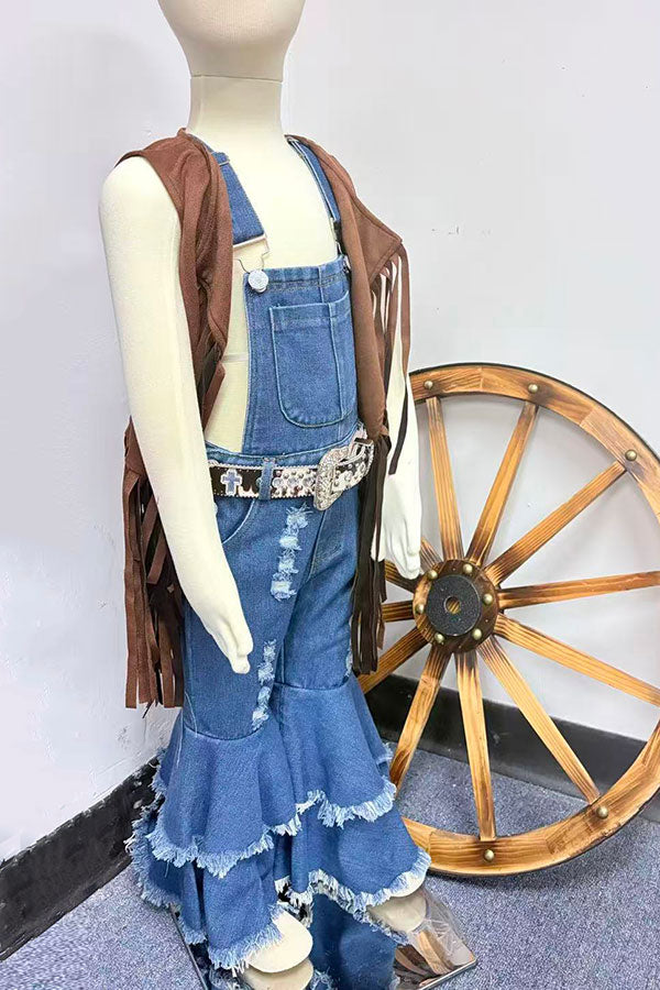 Western adjustable washed blue denim double ruffle girls boutique jeans 250932M